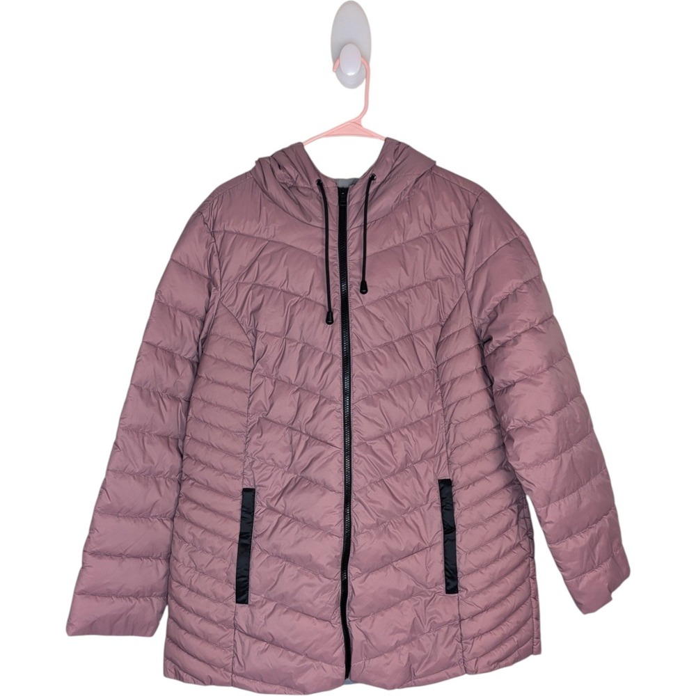 Nuage Chevron Quilted Packable Puffer Coat Women L Rosalia Pink Hooded